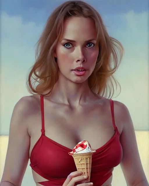 Prompt: portrait of a blonde fuller figured barbara bach from the bond film wearing a red strappy top and blue shorts and eating ice creams in porto, real life skin, intricate, elegant, highly detailed, artstation, concept art, smooth, sharp focus, art by artgerm and greg rutkowski and alphonse mucha