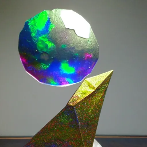 Prompt: cratered!! moon sculpture made of iridescent glass, oil slick colors, very detailed photorealistic painting, paper origami stars