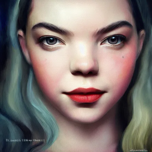 Image similar to ultra realistic painting of Anya Taylor-Joy adult, instagram by rxkun.jpeg, Olga Pietruszka, minweee, Organic Painting, Matte Painting, hard edges, textured photoshop brushes, soft focus, 8k, perfect lighting, high contrast, trending on artstation