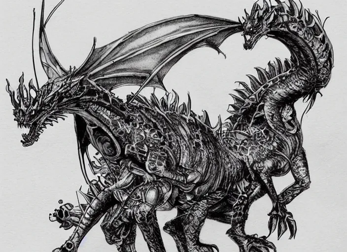 Prompt: pen and ink sketch, steam punk dragon, very fine detail, concept art, high detail, fine pen