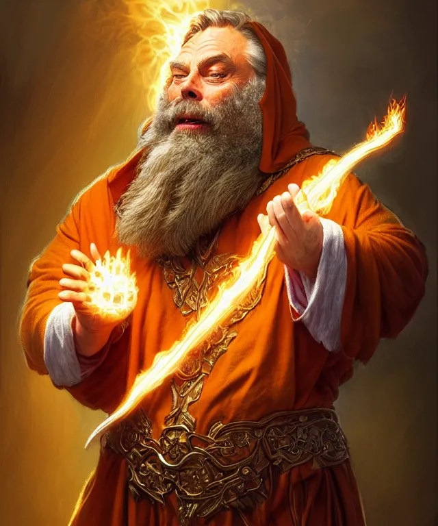 Image similar to brian blessed as a fantasy dwarf wizard, casting a fireball spell, with a staff and billowing cloak, portrait, fantasy, intricate, elegant, highly detailed, digital painting, artstation, concept art, smooth, sharp focus, illustration, art by artgerm and greg rutkowski and alphonse mucha