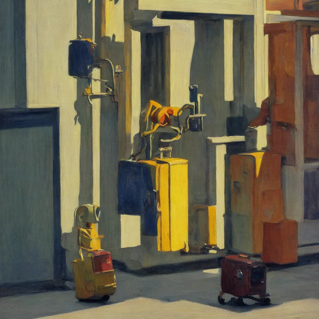 Prompt: a painting of a tin can robot with luggage in new york by Edward Hopper