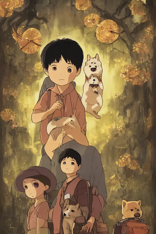 Image similar to a portrait of the movie poster of graveyard of the fireflies with all the characters replaced with shiba inus, in the art style of studio ghibli, miyao hayazaki, artistic 4 k