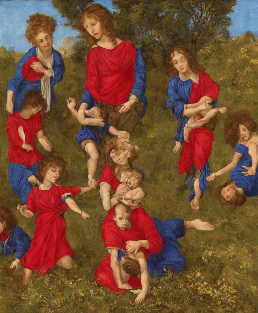 Prompt: Portrait of Madonna. In the Foreground is a Madonna with red shirt and blue cloth and two boys playing in the style of Raffael. Curly red hair. The boys are very small and only clothed with blue linen. They are sitting in a dried out meadow. One boy is playing with a cross. She is holding the other one back. Middleground is empty. On the horizon in the golden ratio, there is a lake with a town and mountains. Flat perspective.