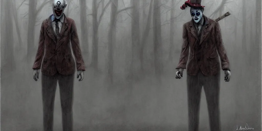 Image similar to James Sunderland from Silent Hill 2 dressed as a clown standing in a foggy street, intricate, elegant, sharp focus, illustration, highly detailed, digital painting, concept art, matte, art by Masahiro Ito