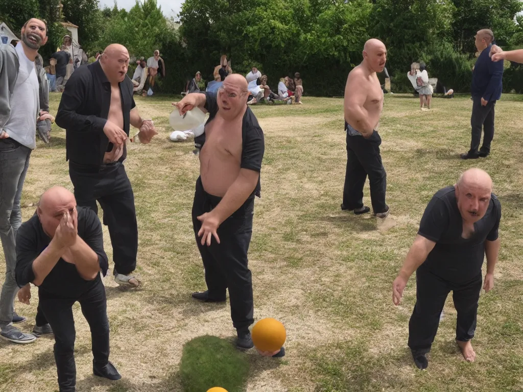 Image similar to nosferatu is playing petanque balls with one french fat dudes in south of france