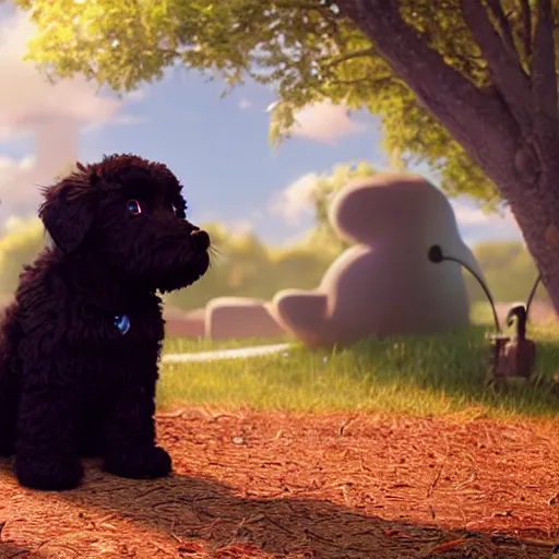 Prompt: a wholesome animation key shot of a black bernedoodle puppy, pixar and disney animation, sharp, rendered in unreal engine 5, anime key art by greg rutkowski, bloom, dramatic lighting
