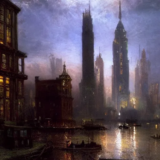 Image similar to opalescent, play doh by alan bean, by andreas achenbach. experimental art. a cityscape in which tall, imposing buildings loom over a small city park. the scene is suffused with a eerie, light, & the overall effect is one of foreboding & menace.