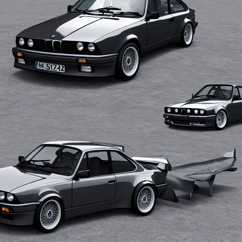 Prompt: bmw e 3 0, porsche 9 1 1 whale tail, realistic, 4 k