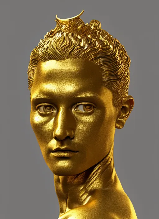 Image similar to stylized gold and black ornate statue bust made of marble of hercules, perfect symmetrical body, perfect symmetrical face, hyper realistic, hyper detailed, by johannen voss, by michelangelo, octane render, blender, 8 k
