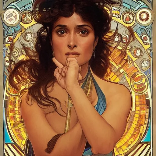 Prompt: salma hayek in a cyberpunk city bar by alphonse mucha, perfect proportions, beautiful face, perfect eyes, real life colors, elegant, sharp focus, hyper - realistic, 4 k, highly detailed, hd, dramatic lighting by brom