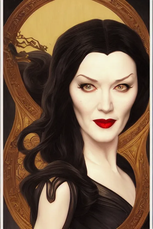 Image similar to catherine o'hara as morticia addams, masterpiece, intricate, elegant, highly detailed, digital painting, artstation, concept art, smooth, sharp focus, illustration, art by artgerm and greg rutkowski and alphonse mucha and uang guangjian and gil elvgren and sachin teng, symmetry!!