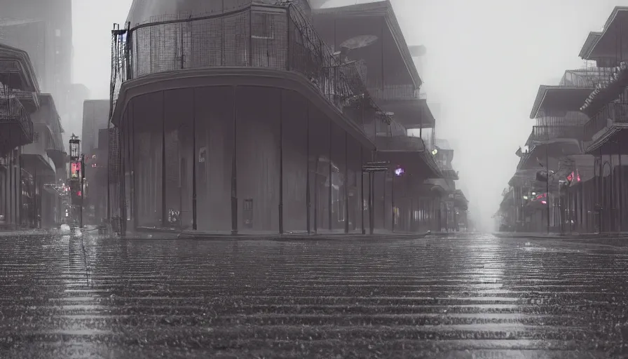 Image similar to empty bourbon street, rainy morning, wet ground, grey sky, hyperdetailed, artstation, cgsociety, 8 k