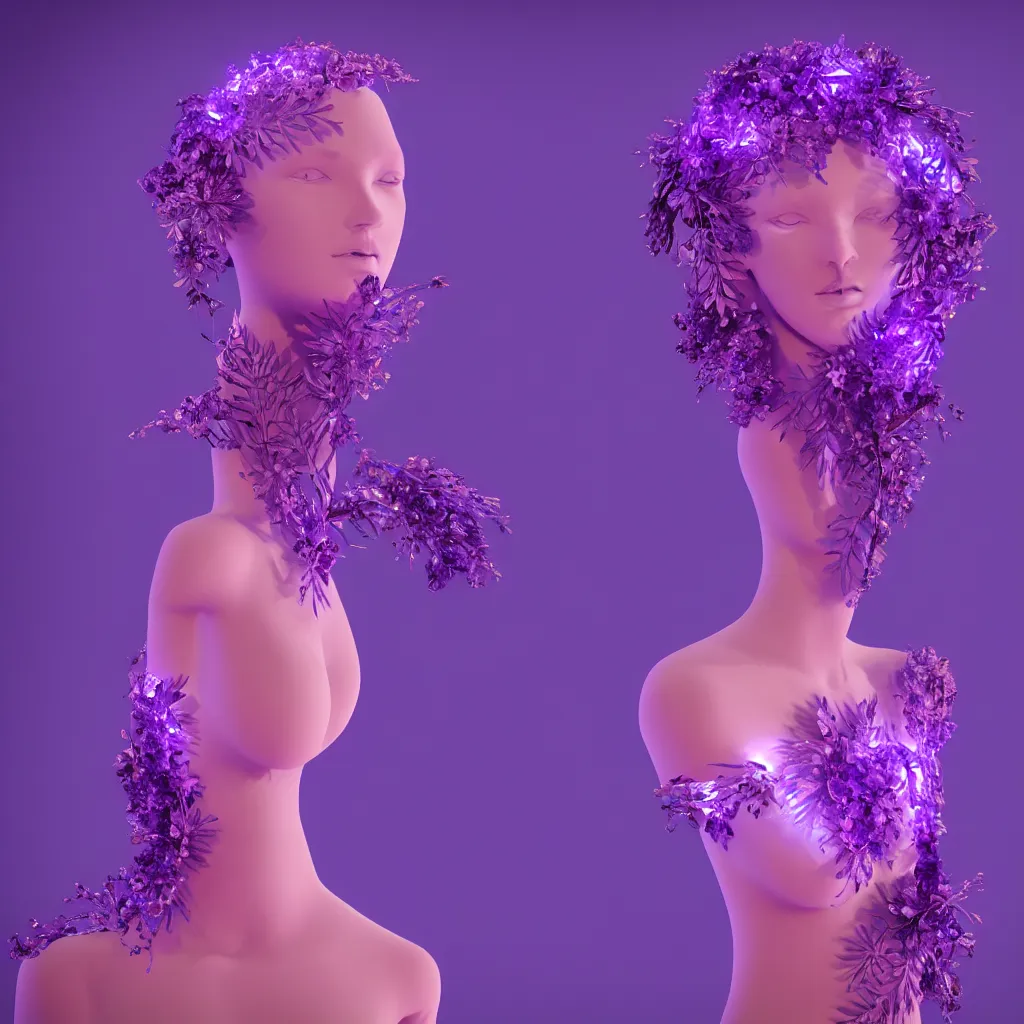 Image similar to beautiful mannequin sculpted out of amethyst by billelis + lit with 3 d geometric neon + facing a doorway opening with neon pink geometric fractal light + flowering hosta plants!!!, moon in background!, rule of thirds, clean linework, dramatic, award winning, 4 k, trending on artstation, photorealistic, volumetric lighting, octane render