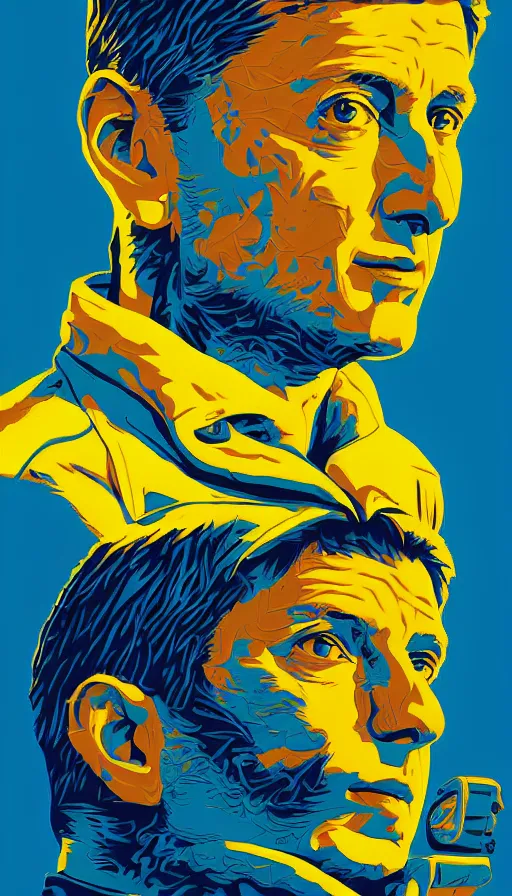 Prompt: zelensky portrait with blue and yellow background by dan mumford, josan gonzalez