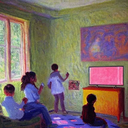 Prompt: monet painting of a 90s bedroom, kids sitting around playing nintendo, colorful,