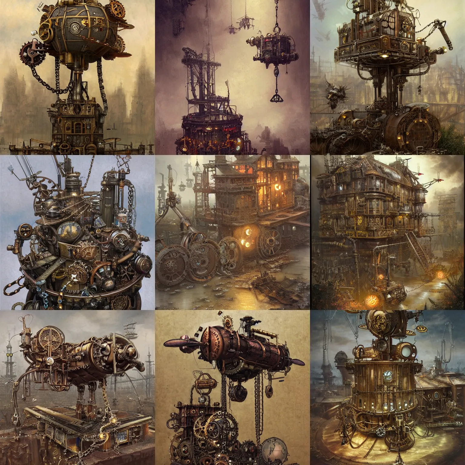 Prompt: steampunk base with steampunk base with propellers, cranes, chains, highly detailed, digital painting, artstation, concept art, smooth, sharp focus, illustration, artstation, art by giger and greg rutkowski and hikari shimoda and edmund blair leighton and charlie bowater, painted warhammer miniature