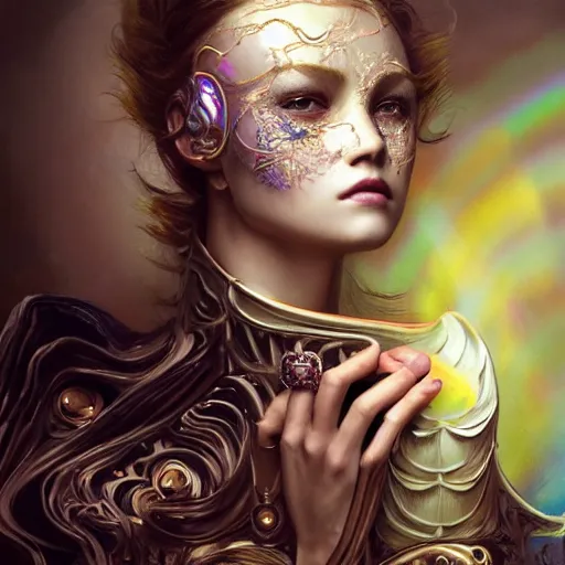 Image similar to a masterpiece hyper detailed portrait of a beautiful evil girl - cyborg baroque renaissance. rainbow color scheme. medium shot, intricate, elegant, highly detailed, by stanley artgerm lau, wlop, rossdraws, james jean, andrei riabovitchev, marc simonetti, background by james jean and gustav klimt, light by julie bell, porcelain skin.