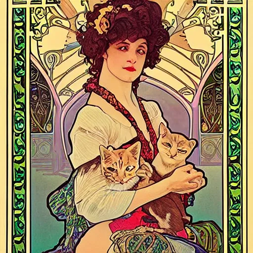 Image similar to Caucasian fortune teller lady with curly hair, with cats on her side, a spread of tarot cards on a table, in a colorful tent, Alphonse Mucha, art nouveau style, full poster ,