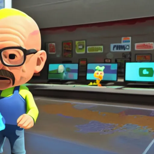 Image similar to walter white in splatoon as an inkling, standing next to an inkling, wide shot, in game screenshot, unreal engine, high definition