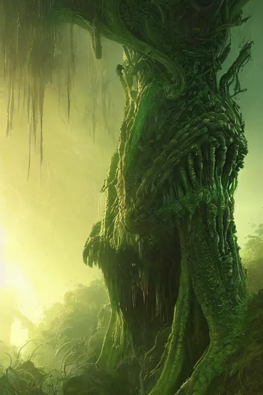 Image similar to giant alien queen in the Jungle, lovecraftian creature, dramatic lighting, cinematic, establishing shot, extremly high detail, foto realistic, cinematic lighting, post processed, concept art, artstation, matte painting, style by eddie mendoza, raphael lacoste, alex ross