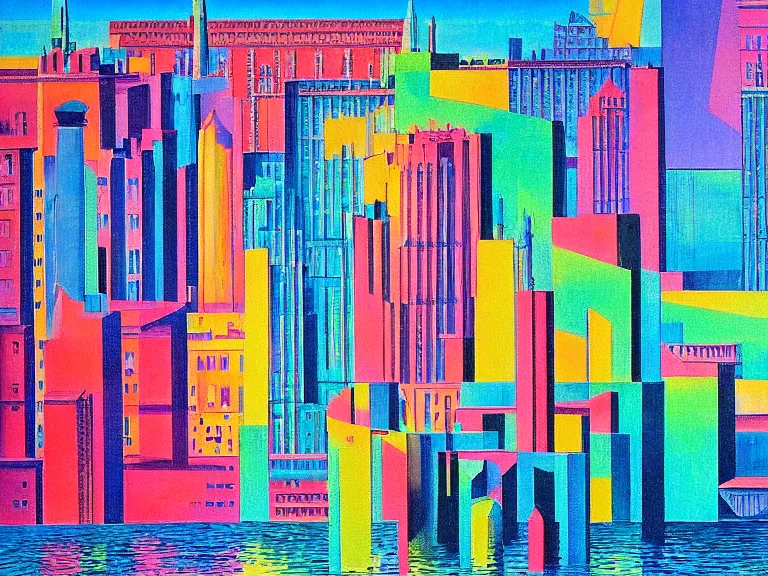Prompt: colorfull barcelona city scape at water by rene magritte, moebius, pastell colours high detail, high resolution