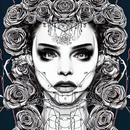 Image similar to the anatomy of a head of wires with electric chrome roses that resemble a beautiful woman, an ultrafine detailed illustration by james jean, intricate linework, bright colors, final fantasy, behance contest winner, symmetry, vanitas, angular, altermodern, unreal engine 5 highly rendered, global illumination, radiant light, detailed and intricate environment