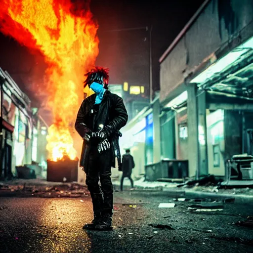 Image similar to post apocalyptic city, revolutionary punk masked up punk, fire, damaged, trash, full shot, by liam wong