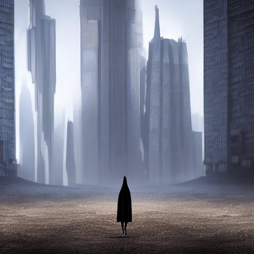 Prompt: mysterious figure in striking cloak staring at sandstorm in the city, desert skyscrapers, sunset, global illumination, hyper - realistic, insanely detailed and intricate, cinematic, 8 k