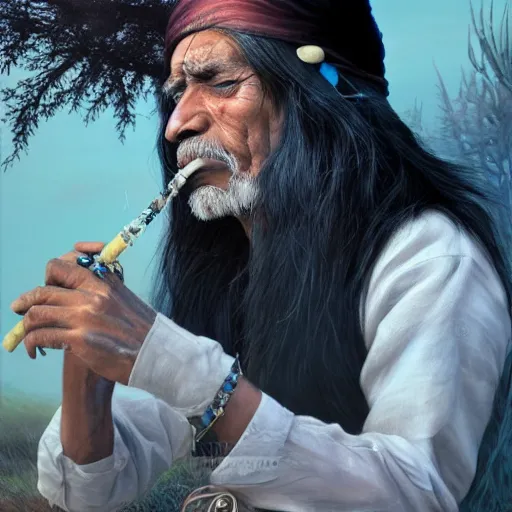 Image similar to n elderly indian don juan is sitting in a field with peyote and smoking a pipe, a raven walks next to him, by miho hirano, ross tran and ilya kuvshinov, realistic, detailed, beautiful fantasy detailed trending on artstation, oil painting, dramatic lighting, eterea, high quality print, fine art with subtle redshift rendering