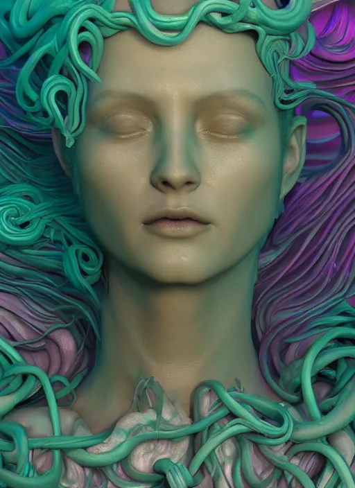 Prompt: medusa made of soft wax, wooden art nouveau swirls, strong subsurface scattering, cables, translucent tubes, subsurface scattering, in the style of ruan jia and beeple and giger, subsurface scattering, mystical colors, rim light, dramatic lighting, 8 k, stunning scene, raytracing, octane render, trending on artstation