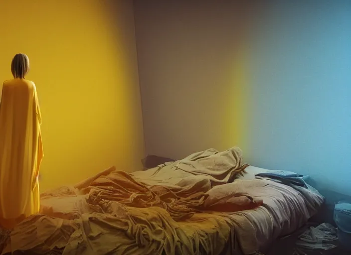 Prompt: rgb, woman, yellow bedroom, cinematic, movie scene, inspired by zdzislaw beksinski, new zealand landscape, clothes made out of veins,, cables everywhere, bedroom, ultra realistic, concept art, intricate details, highly detailed, photorealistic, octane render, 8 k