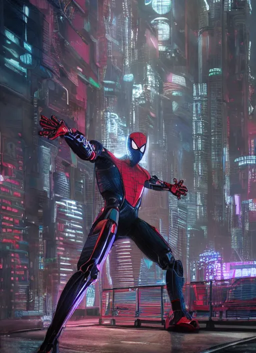 Image similar to cyberpunk spiderman robot ninja illumination ray tracing hdr fanart arstation by sung choi and eric pfeiffer and gabriel garza and casper konefal, potrait, cinematic,