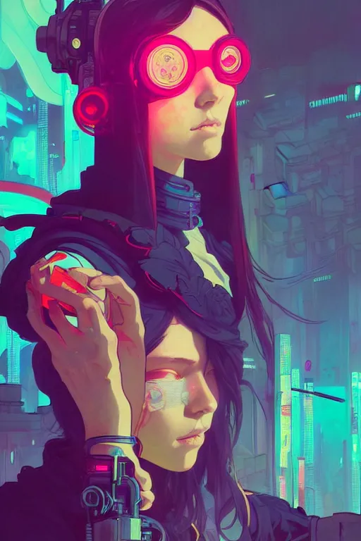 Prompt: a beautiful painting of a cyberpunk girl by sachin teng and pascal blanche and alphonse mucha! and ruan jia! and josan gonzalez!. in style of conceptual art. colorful comic, film noirs, akira, brush stroke, vibrating colors, hyper detailed. octane render. trending on artstation