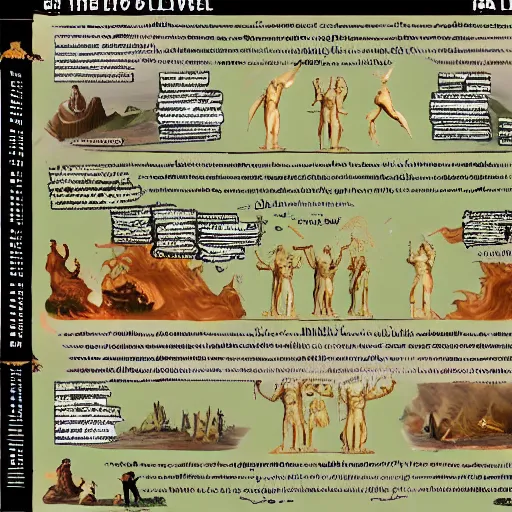 Image similar to infographic, map of the seven levels of hell, epic, tartarus, elysium, hades, marginalia