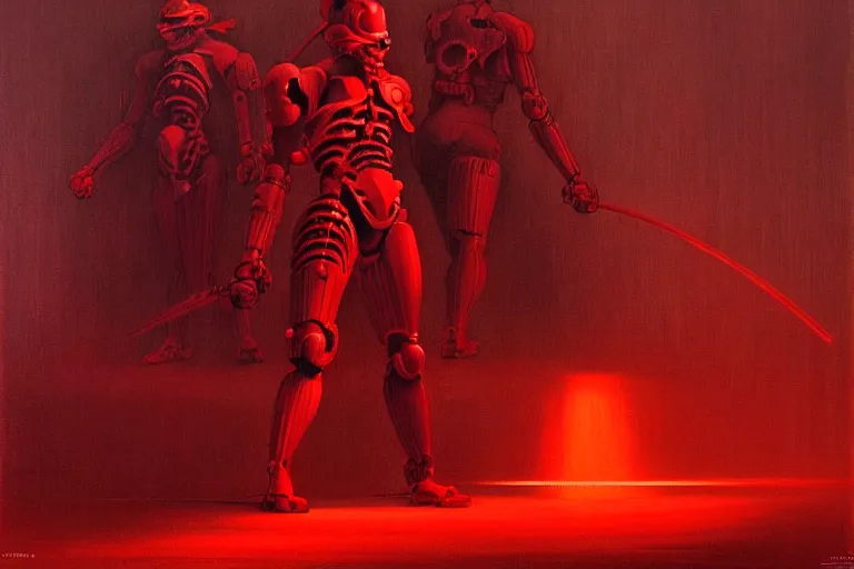 Image similar to only with red, a red cyborg samurai, tokio futuristic in background, some evil yokai fight, in the style of beksinski, parts by edward hopper, parts by rodcenko, parts by yue minjun, intricate and epic composition, red by caravaggio, insanely quality, highly detailed, masterpiece, red light, artstation, 4 k