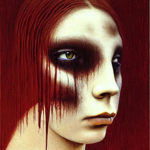 Image similar to young teen female. Her head is crow head , painting by Beksinski