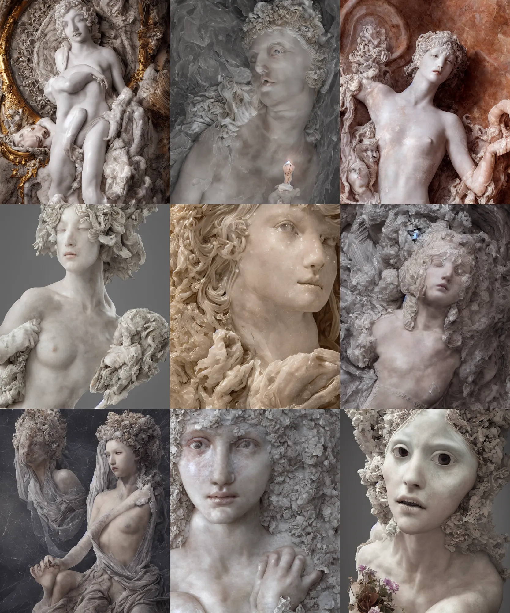 Prompt: a delicate renaissance marble goddess with the hole in face covered with wax and covered with many candles, highly detailed marble cloth, gi, global illumination, physically based rendering, photorealistic, top light, by Livio Scarpella, Edgar Maxence, Jin Shan and Ross Tran, Mooniq Priem, Boris Vallejo