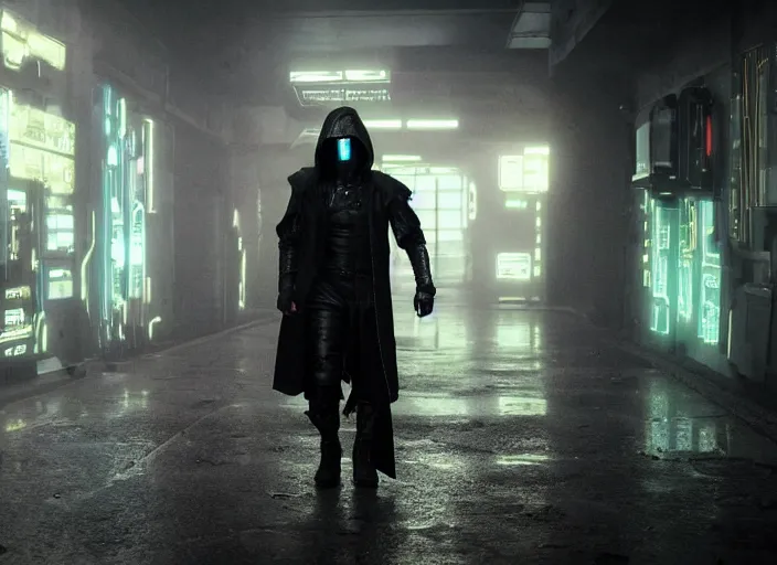 Prompt: cyberpunk man wearing metallic respirator black cloth cloak hood, robotic arms long fingers spindly sharp, burning eyes on fire, scowling angry, witch king of angmar ring wraith ghost rider Bladerunner 2049 movie still (2017) style of Roger Deakins Jeremy Saulnier Newton Thomas Sigel Robert Elswit Greig Fraser trending dark hallway rtx on ue4 35mm Kodak Vision 2383 gritty atmospheric