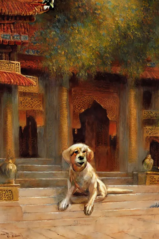 Image similar to A dog sitting in an asian palace, painting by Gaston Bussiere, Craig Mullins