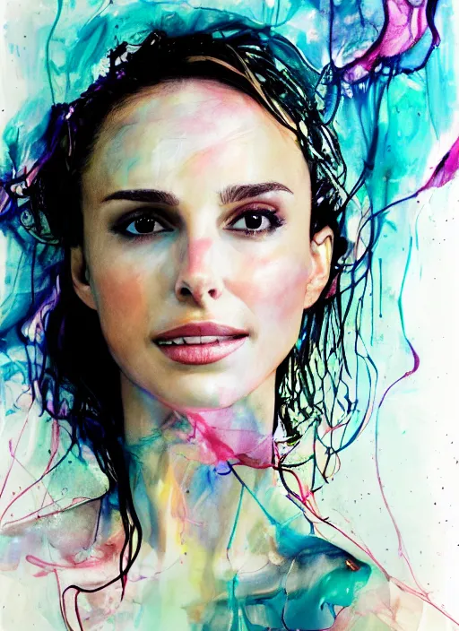 Prompt: sexy seducing smile nathalie portman in the bathroom by agnes cecile, extremely luminous bright design, pastel colours, ink drips, autumn lights