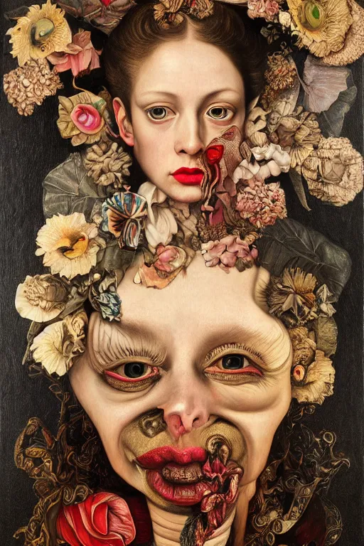 Image similar to Detailed maximalist portrait with large lips and with large, wide eyes, expressive, extra flesh, HD mixed media, 3D collage, highly detailed and intricate, surreal, illustration in the style of Caravaggio, dark art, baroque