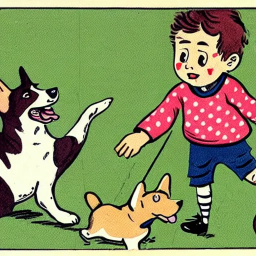 Image similar to illustration of french boy in paris playing football against a corgi, the dog is wearing a polka dot scarf, comic, 1 9 6 2