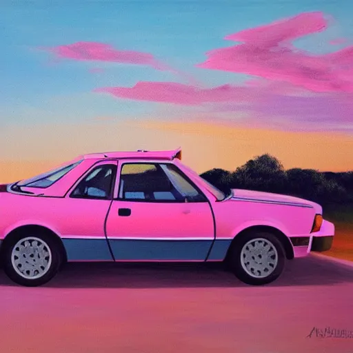 Image similar to an old 1 9 8 0 s car parked off the road, sunset, ocean in distance, pink, oil painting, pale colors, high detail, 8 k, wide angle, trending on artstation,