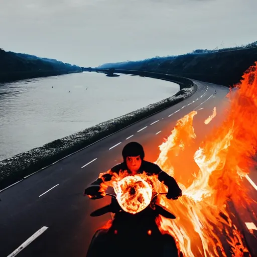 Prompt: Photo of someone driving along the rhine on a motorcycle, everything is in flames, Dramatic lighting