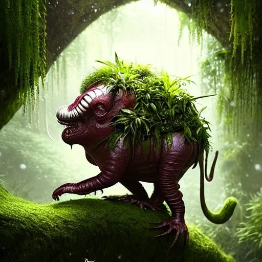 Image similar to creature in a lush trunda vegetation, snow snow : : by michal karcz, sophie anderson, esao andrews : : ornate, dynamic, particulate, intricate, elegant, highly detailed, centered, artstation, smooth, sharp focus, octane render, 3 d