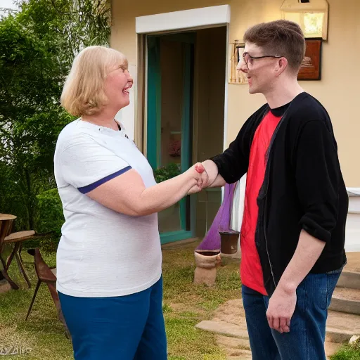 Prompt: jerma985 shaking hands with Cathy Mitchell, wide shot, 4k, professional photography, detailed, film still