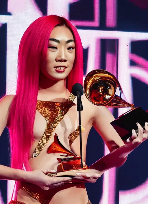 Image similar to rina sawayama winning a grammy award, red weapon 8 k s 3 5, cooke anamorphic / i lenses, highly detailed, cinematic lighting