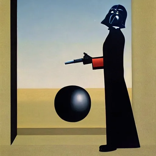 Image similar to portrait of darth vader aiming at sky, painting by rene magritte, high detail, high resolution