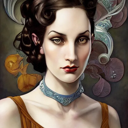 Prompt: an art nouveau, ( streamline moderne ), multi - ethnic and multi - racial portrait in the style of charlie bowater, and in the style of donato giancola, and in the style of charles dulac. very large, clear, expressive, intelligent eyes. symmetrical, centered, ultrasharp focus, dramatic lighting, photorealistic digital painting, intricate details.